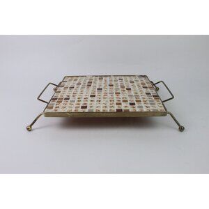 Mid Century Mosaic Tile Trivet with Brass Handles Atomic Era Hot Plate